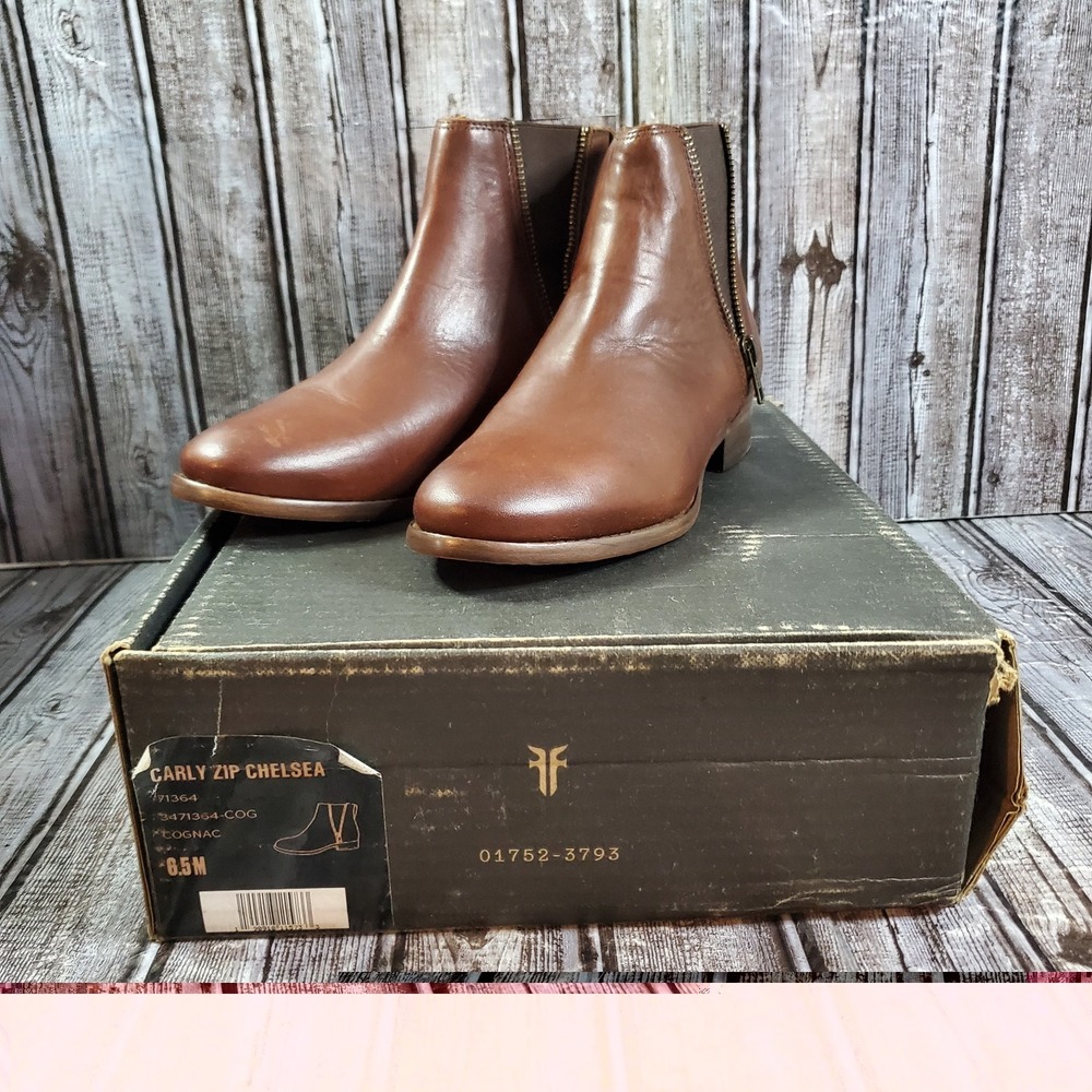FRYE Women's Carly Chelsea Ankle Boots Cognac Brown Double Faux Zip Size 6.5M